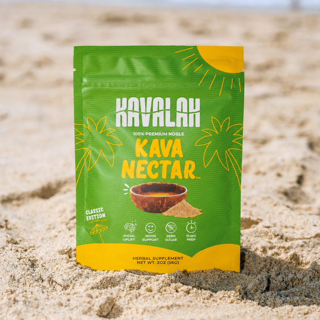 Kavalah Kava Nectar Classic Edition pouch on beach sand