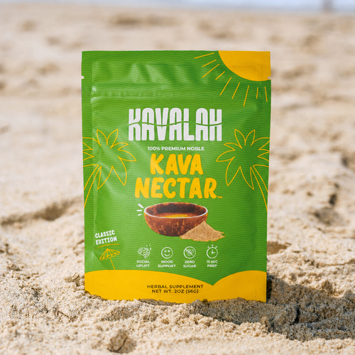 Kavalah Kava Nectar Classic Edition pouch on beach sand