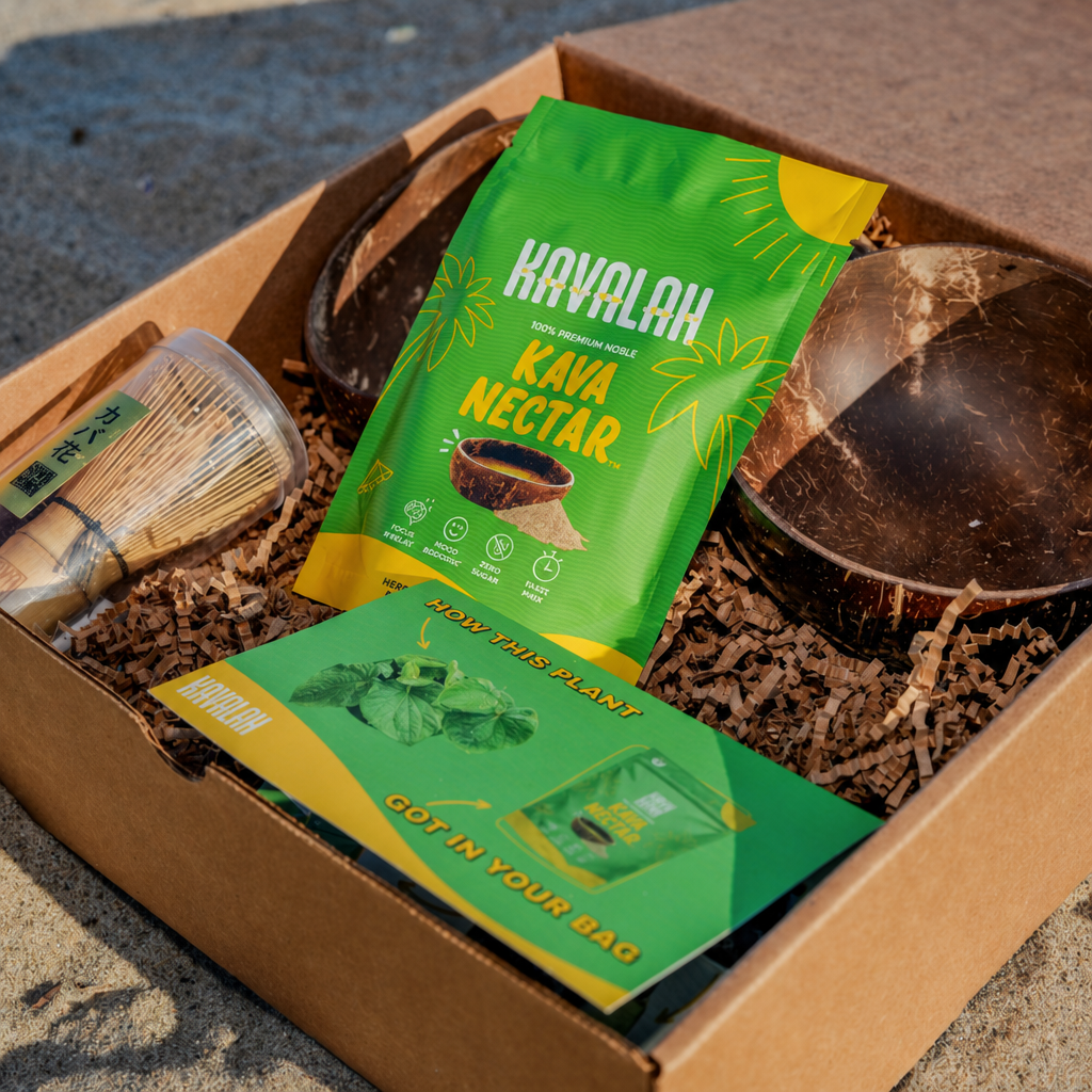Kavalah Kava Nectar Starter Kit with coconut bowls and whisk