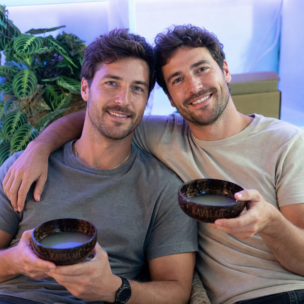 Two brothers enjoying Kavalah kava from coconut bowls